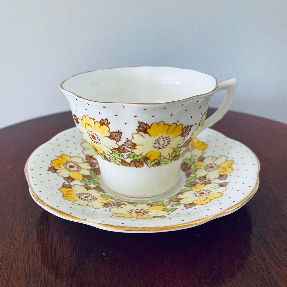 Vintage Rosina-Queens China teacup and saucer set with yellow flowers